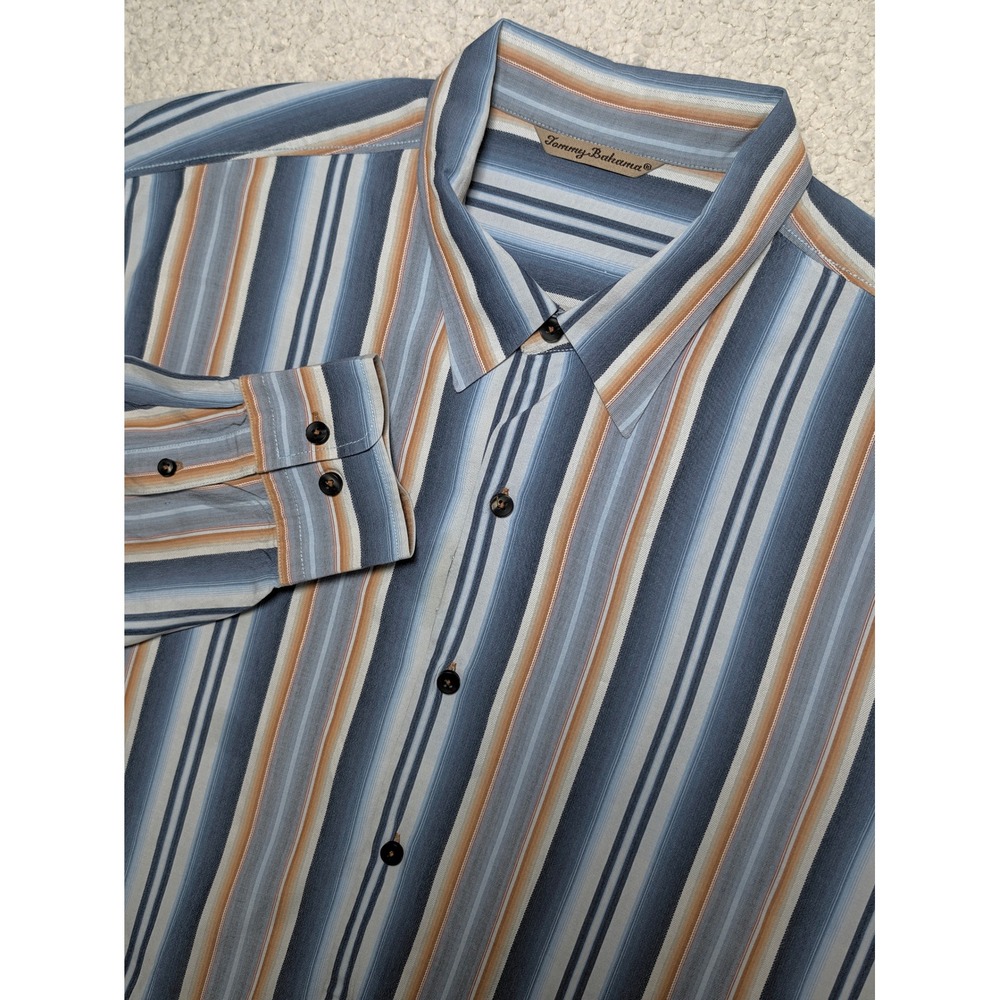 Tommy Bahama Mens XXL 100% Silk Blue Tan Striped Long Sleeve Button Down Shirt